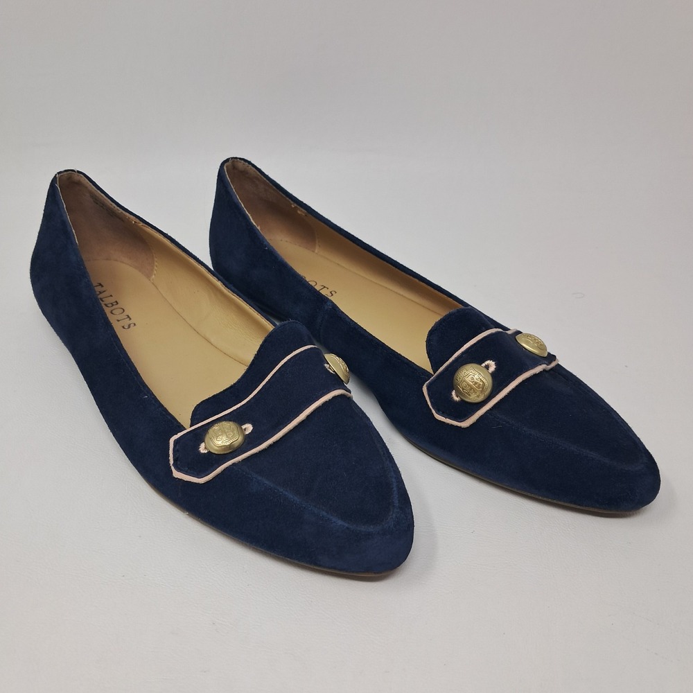 TALBOTS Navy Blue Suede Pointed Toe Loafers Sz 7M Gold Crest Button Piping Flats